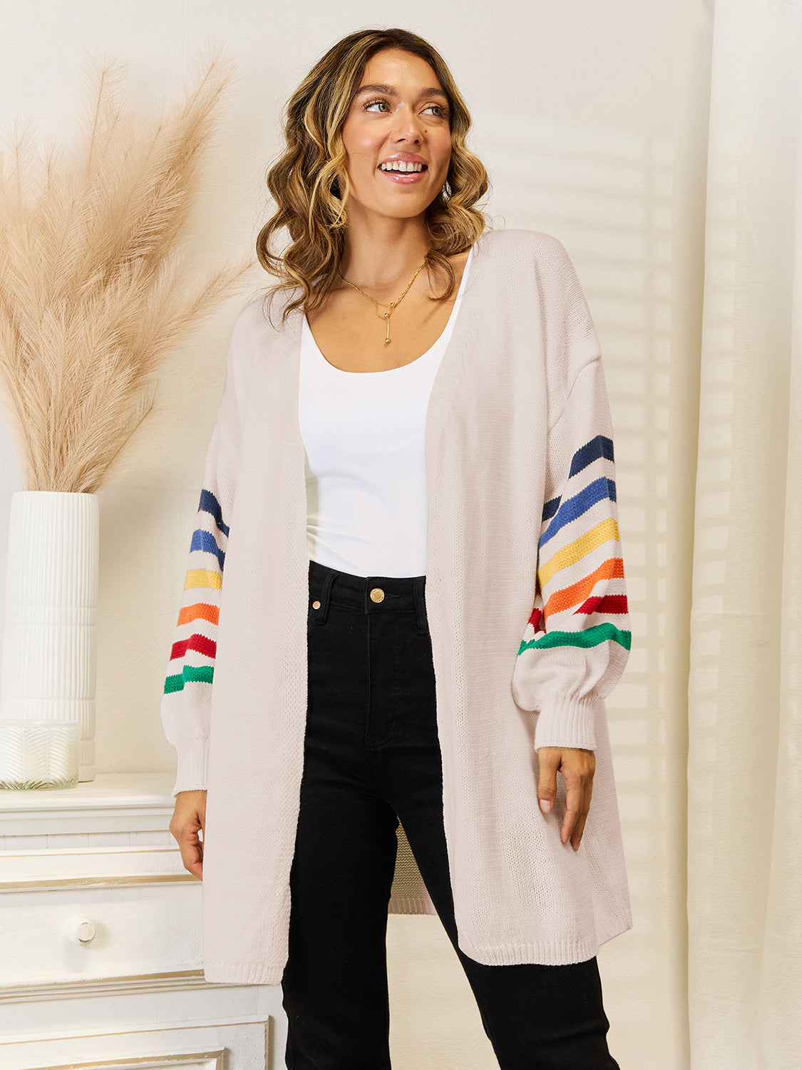 Striped Open Front Dropped Shoulder Cardigan