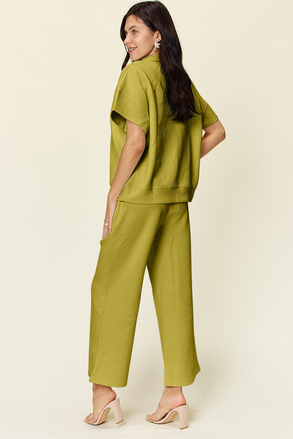 Textured Half Zip Short Sleeve Top and Pants Set