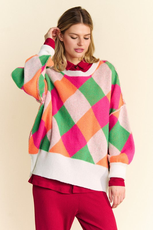 Exposed Seam Color Block Dropped Shoulder Sweater