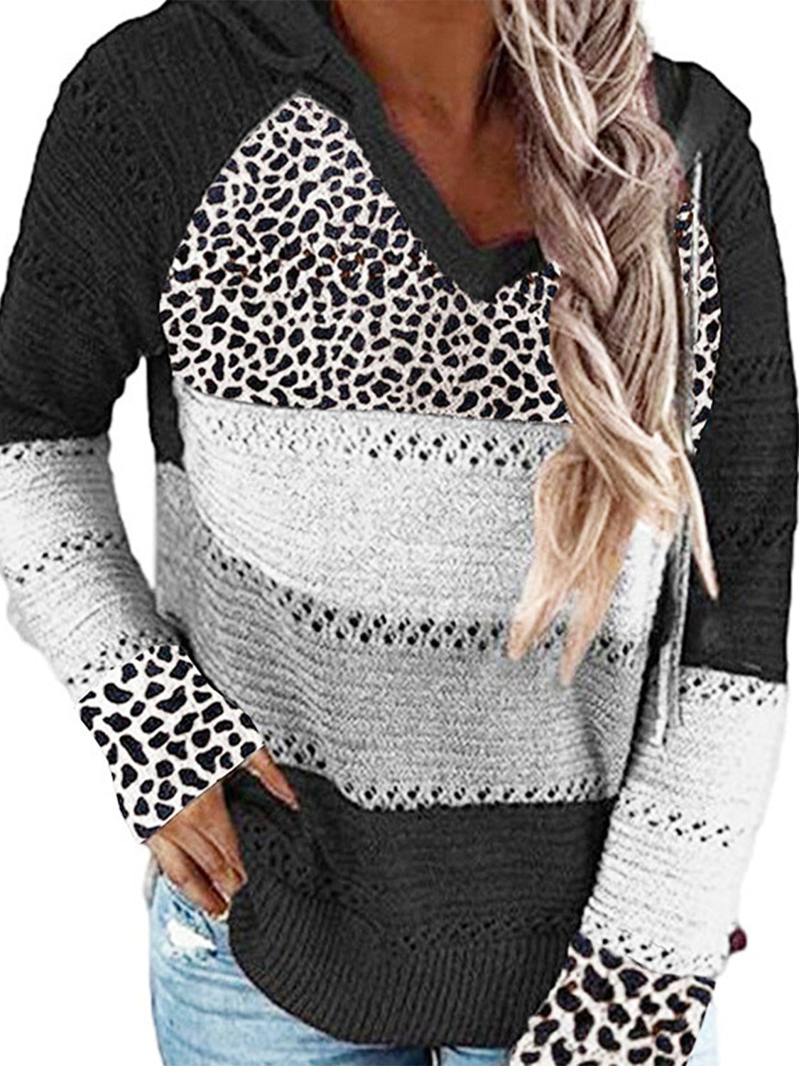 Openwork Leopard Drawstring Hooded Sweater