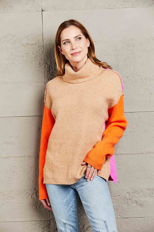 Color Block Turtleneck Slit Sweater