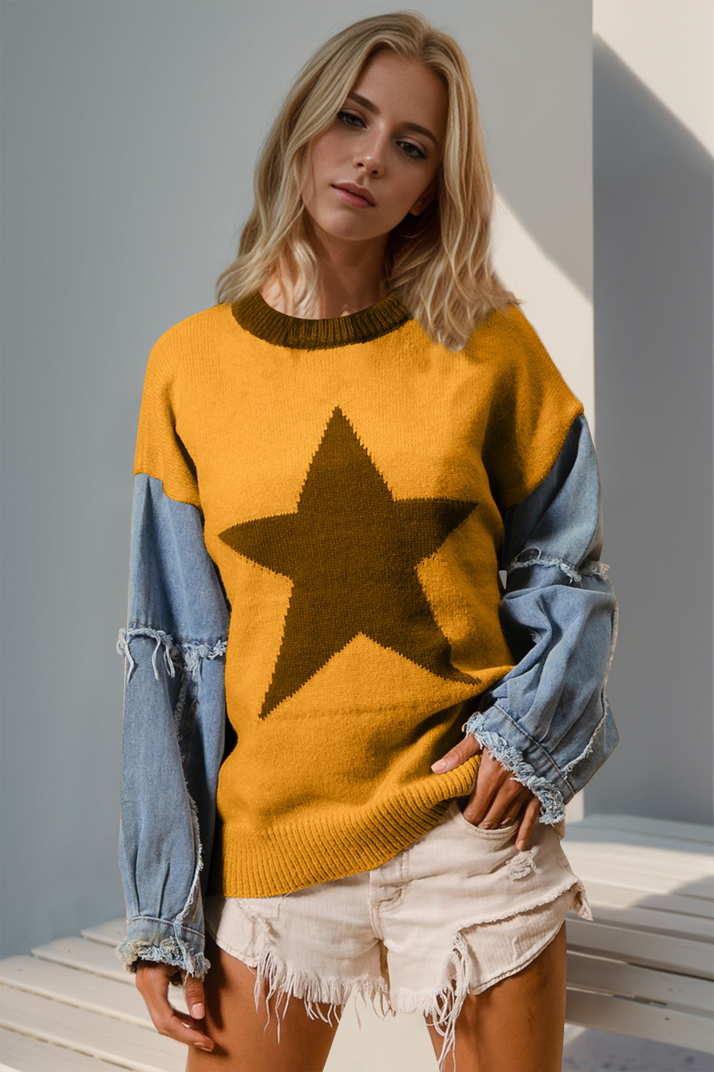 Star  Raw Edge Long Sleeve Sweater