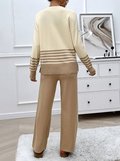 Slit Striped Round Neck Top and Pants Sweater Set