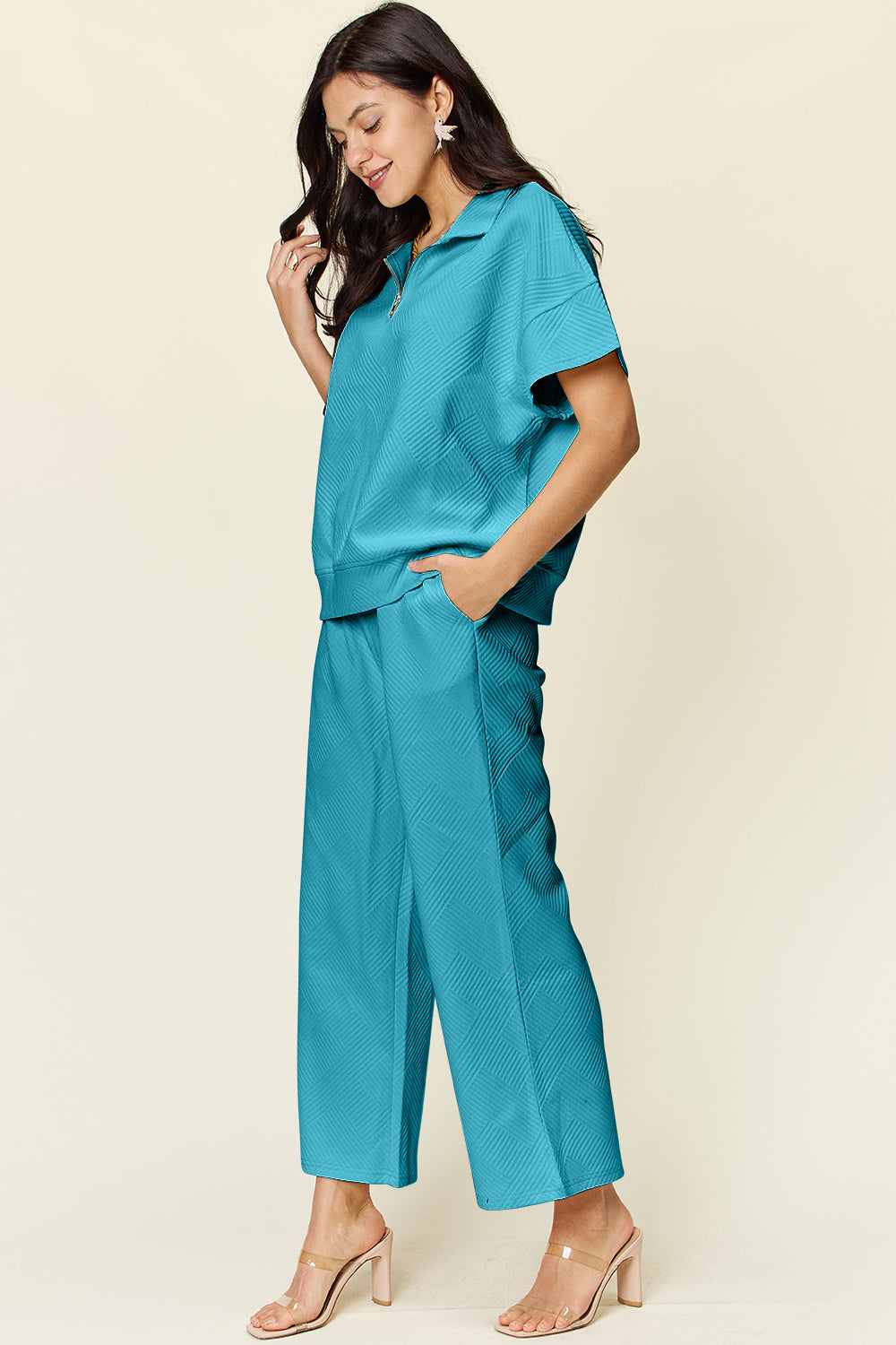 Textured Half Zip Short Sleeve Top and Pants Set