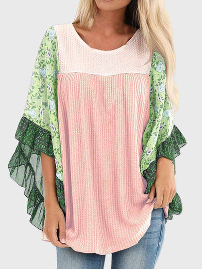 Print Round Neck Three-Quarter Sleeve Blouse