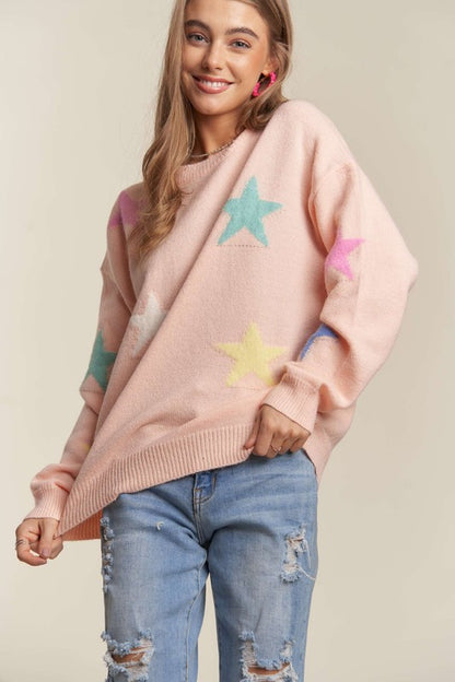 Stars Pattern Round Neck Drop Shoulder Sweater