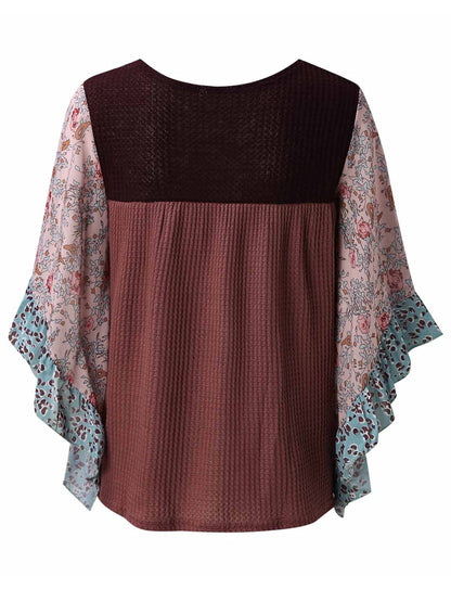 Print Round Neck Three-Quarter Sleeve Blouse
