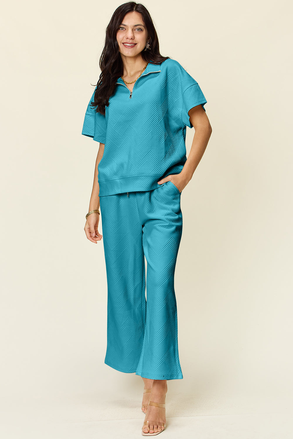 Textured Half Zip Short Sleeve Top and Pants Set