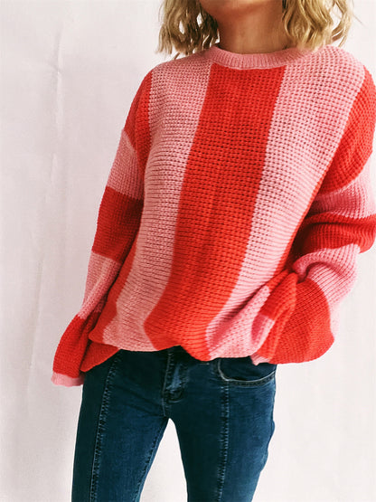 Color Block Round Neck Long Sleeve Sweater