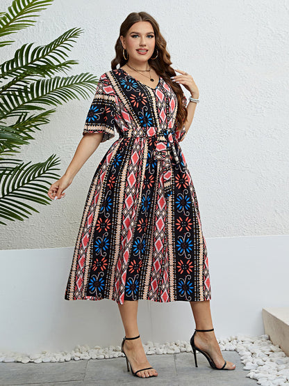 Plus Bohemian V-Neck Tie Belt Midi Dress