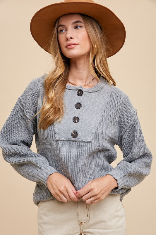 Half Button Ribbed Hem Sweater