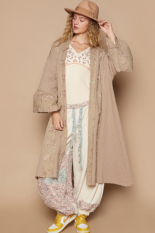 Flower Lace Trim Open Front Longline Cardigan