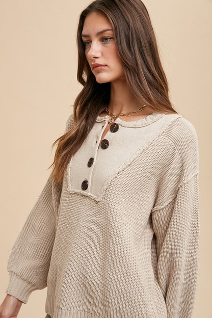 Half Button Ribbed Hem Sweater