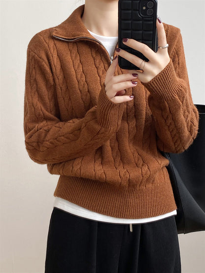 Cable-Knit Half Zip Long Sleeve Sweater