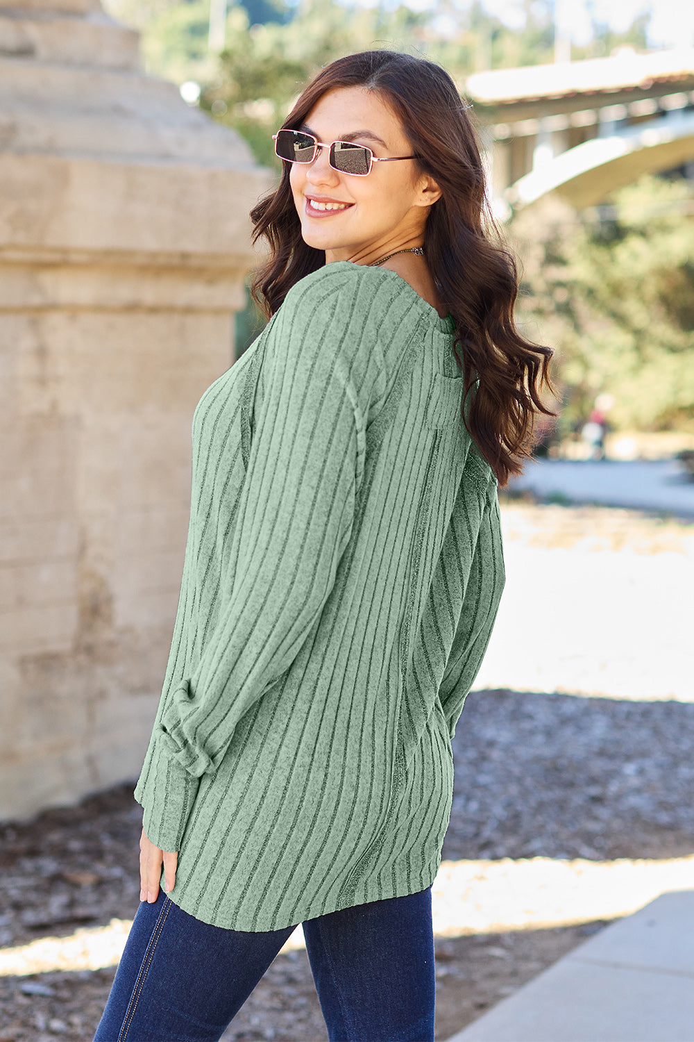 Ribbed Round Neck Long Sleeve Knit Top