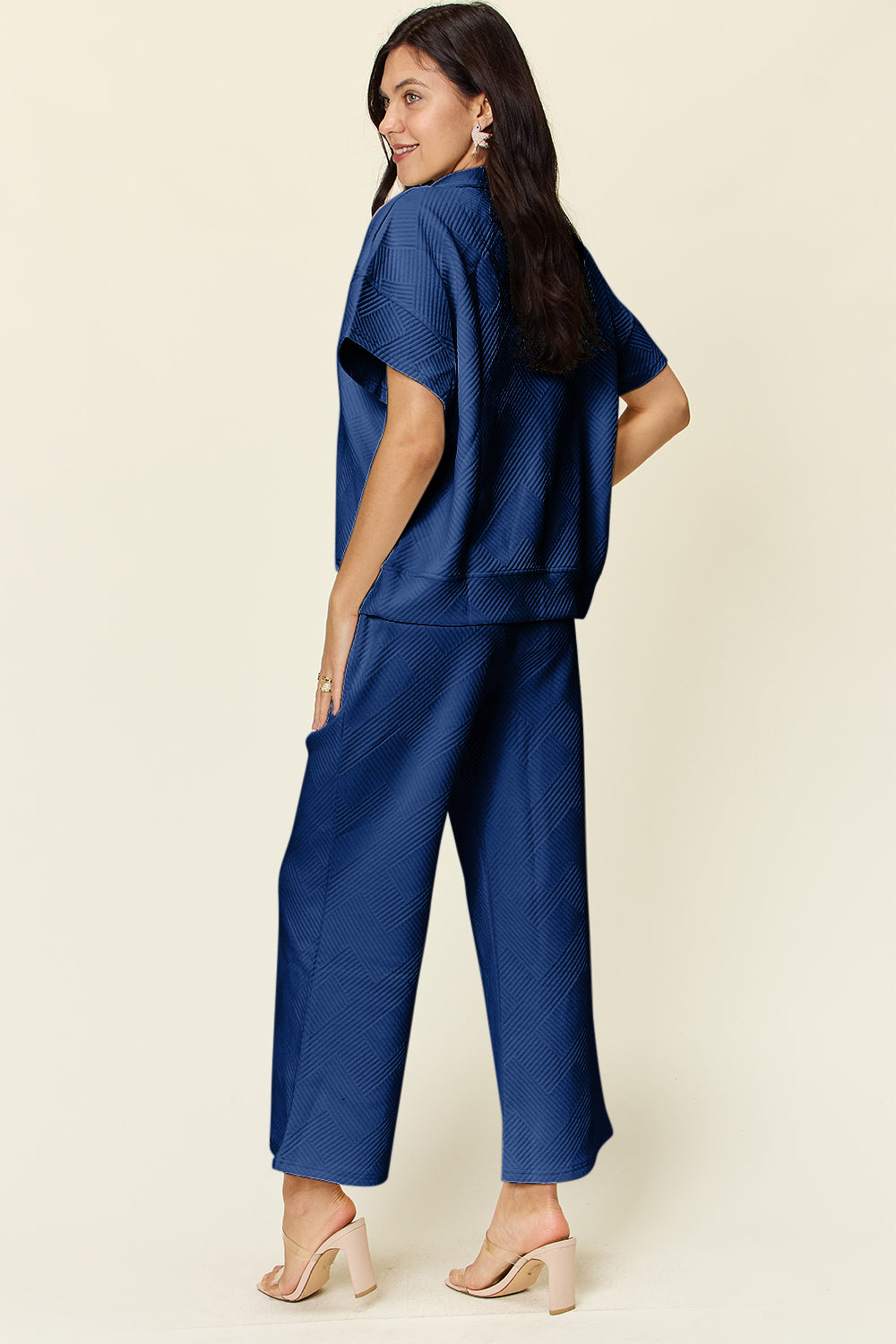 Textured Half Zip Short Sleeve Top and Pants Set