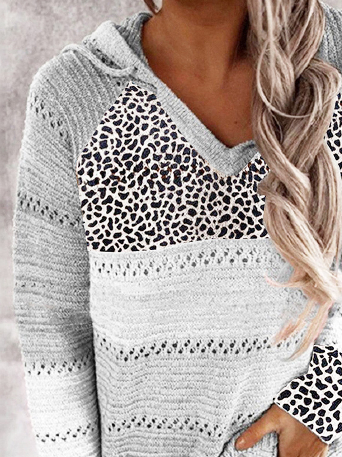 Openwork Leopard Drawstring Hooded Sweater