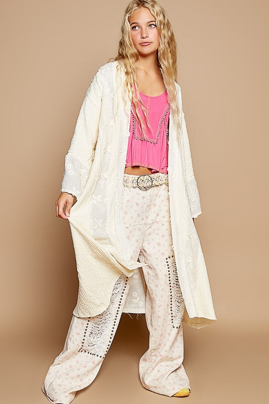 Flower Lace Trim Open Front Longline Cardigan