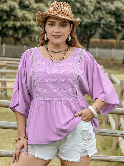 Plus Lace Detail Round Neck Three-Quarter Sleeve Blouse