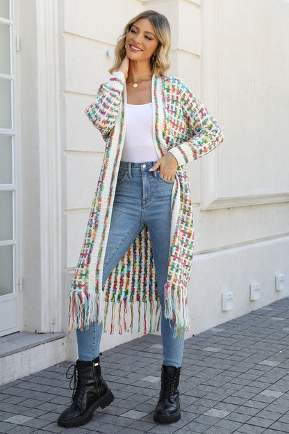 Multicolor Open Front Fringe Hem Cardigan