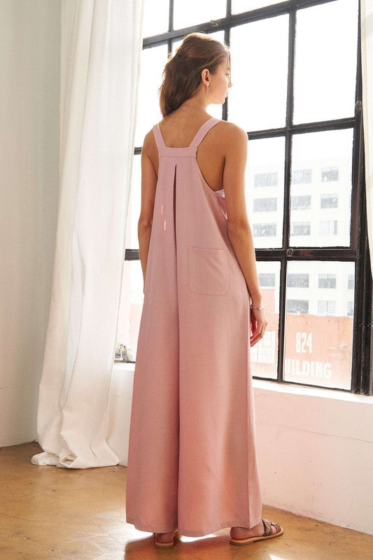 Square Neck Wide Leg Overalls with Pockets
