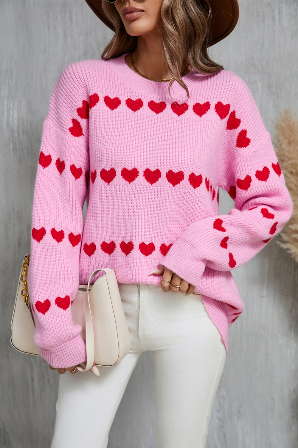 Heart Round Neck Long Sleeve Sweater