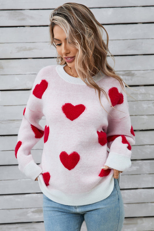 Heart Round Neck Long Sleeve Sweater