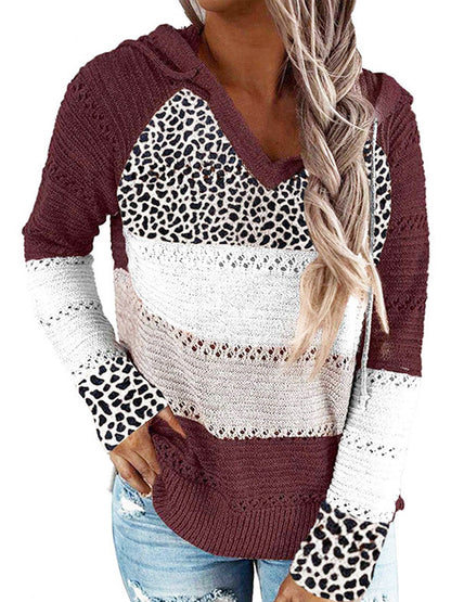 Openwork Leopard Drawstring Hooded Sweater