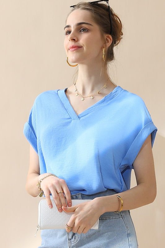 V-Neck Trim Rolled Short Sleeve Shirt (Copy)