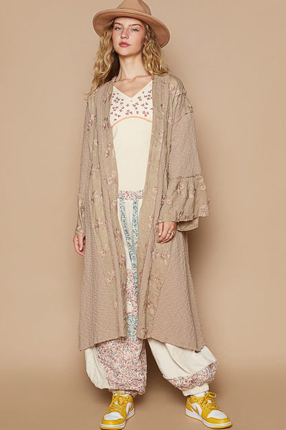 Flower Lace Trim Open Front Longline Cardigan