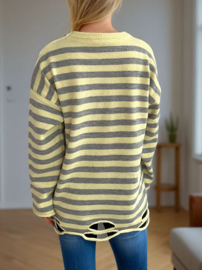 Distressed Striped Round Neck Long Sleeve Sweater