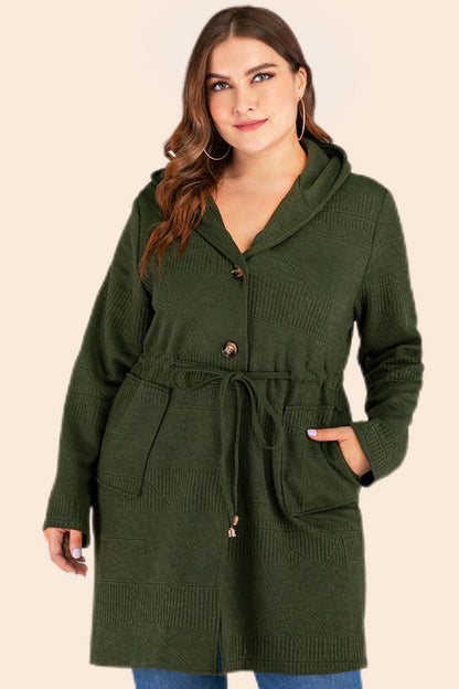 Plus Drawstring Waist Hooded Cardigan with Pockets