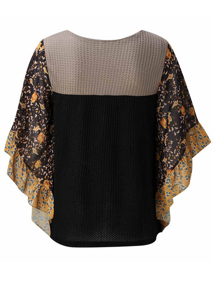 Print Round Neck Three-Quarter Sleeve Blouse