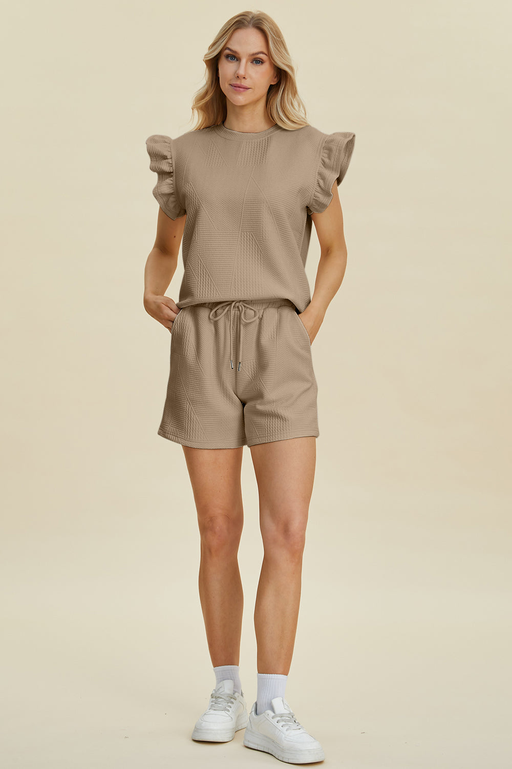 Textured Round Neck Ruffle Sleeve Top and Shorts Set