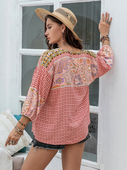 Plus Print Tie Neck Balloon Sleeve Blouse