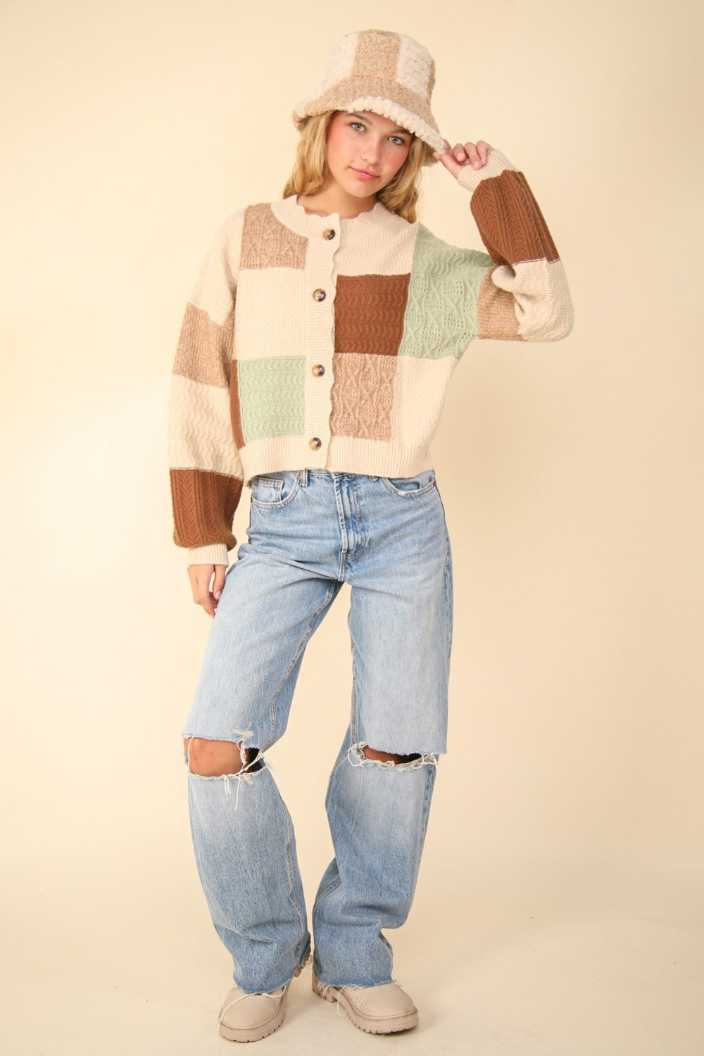 Color Block Button Down Textured Sweater Cardigan