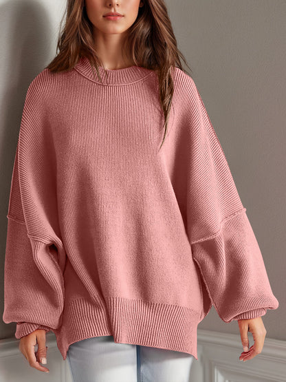 Side Slit Round Neck Long Sleeve Sweater