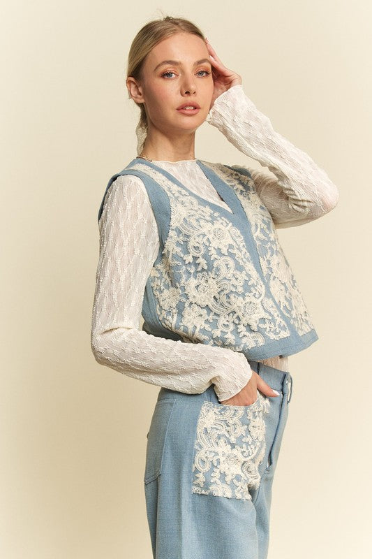 Lace Patch Open Front Denim Vest