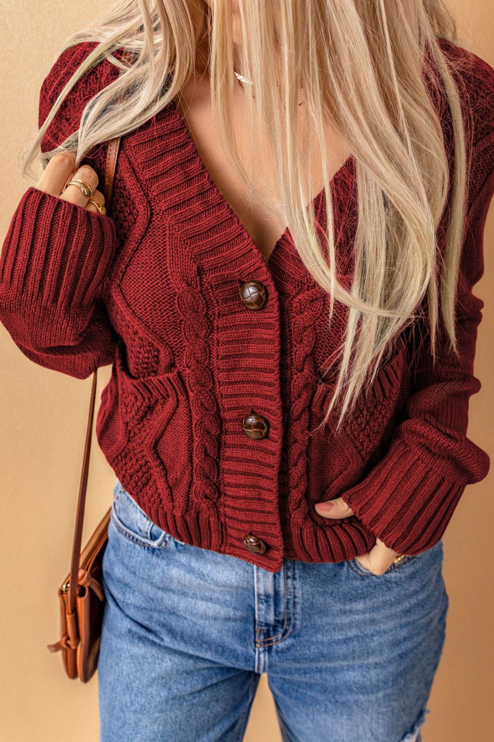 Cable-Knit Button Down V-Neck Cardigan