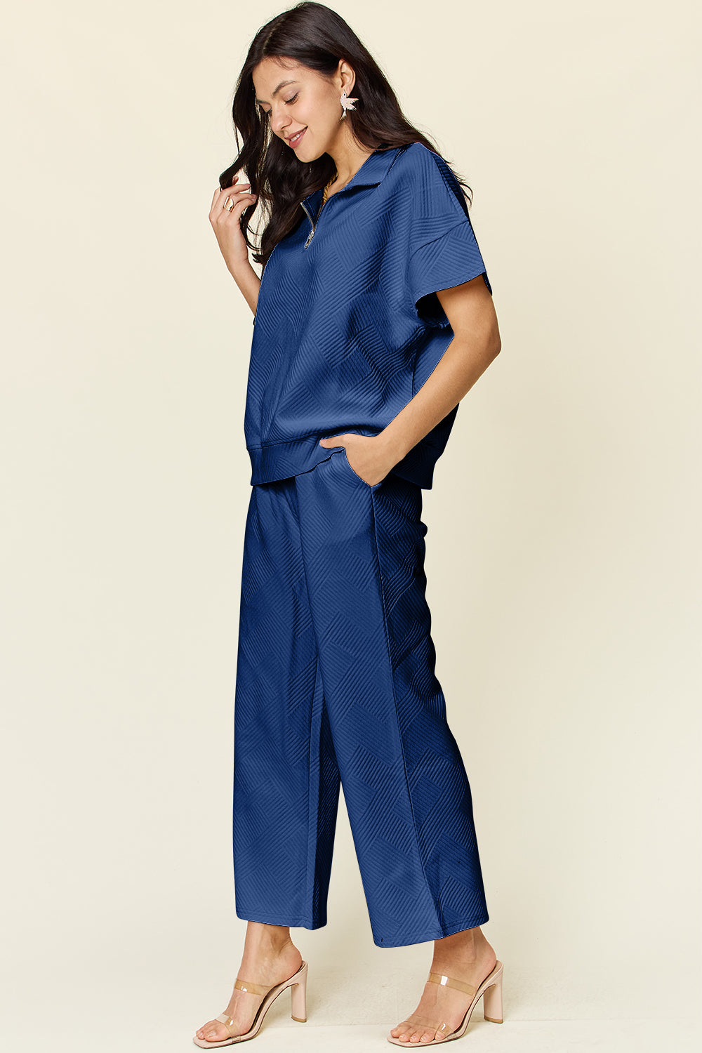 Textured Half Zip Short Sleeve Top and Pants Set