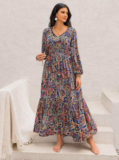 Print Tie Neck Long Sleeve Midi Dress