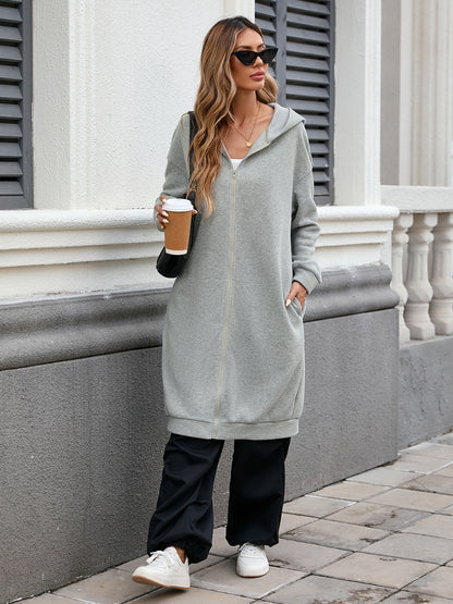 Zip Up Long Sleeve Longline Hooded Jacket