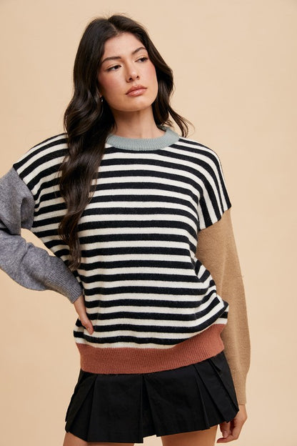 Striped Color Block Round Neck Sweater