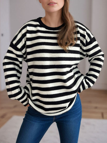 Distressed Striped Round Neck Long Sleeve Sweater