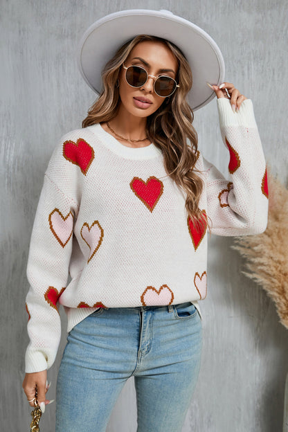 Contrast Heart Round Neck Long Sleeve Sweater