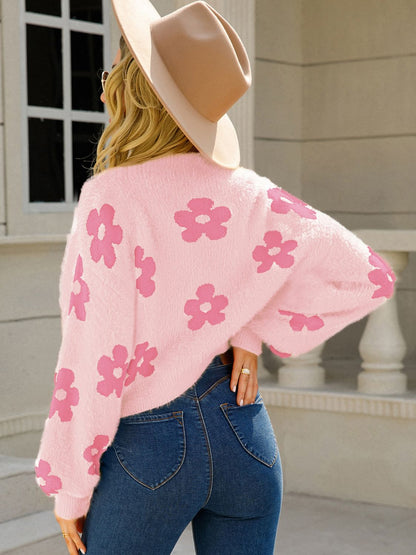 Flower Open Front Long Sleeve Cardigan