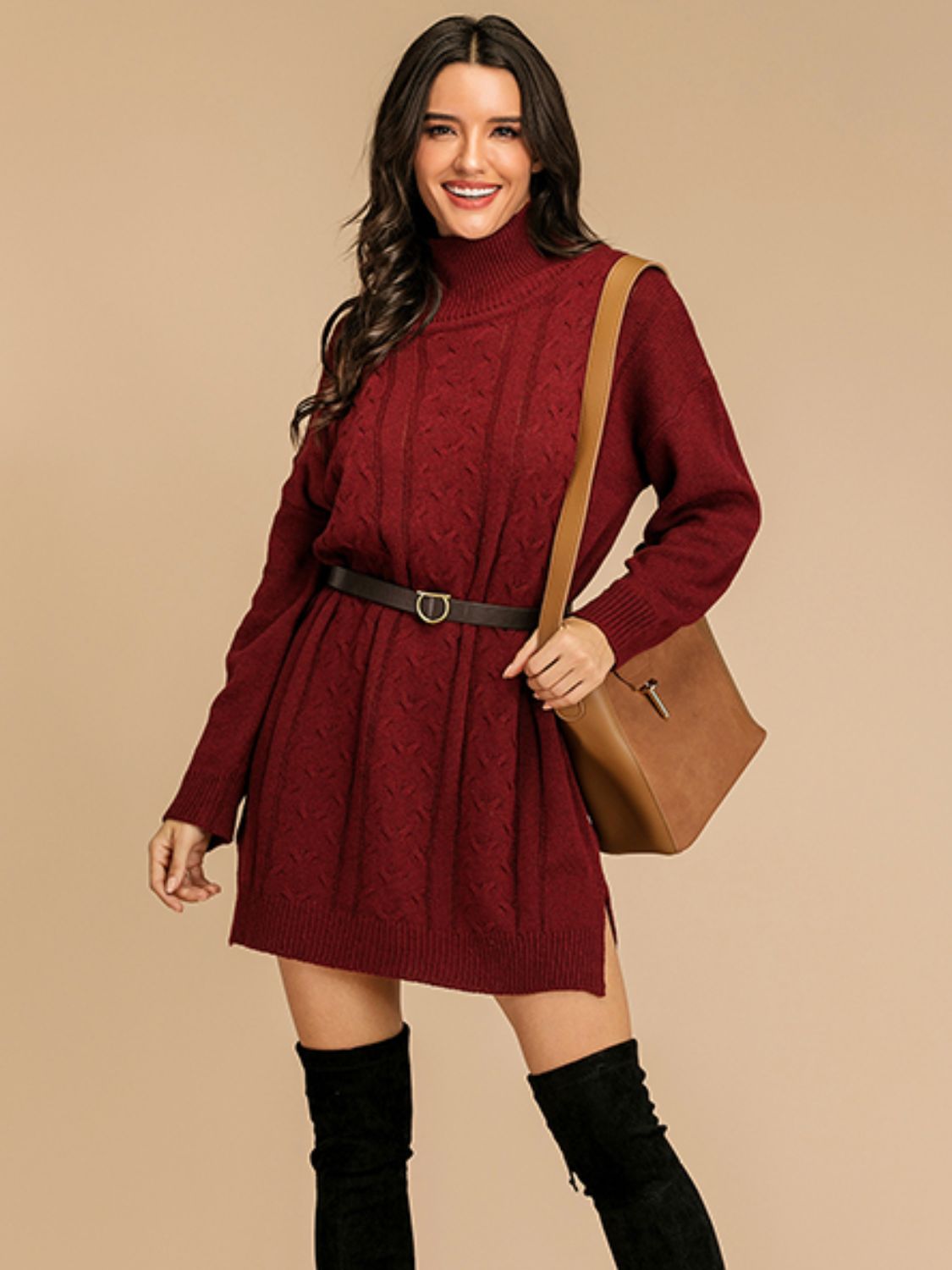 Slit Turtleneck Long Sleeve Mini Sweater Dress