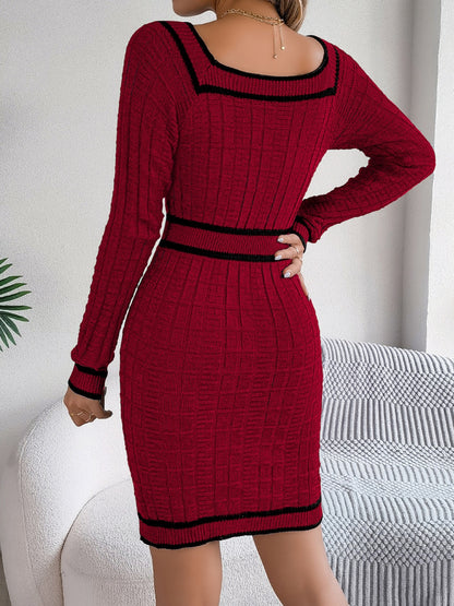 Contrast Trim Long Sleeve Sweater Dress