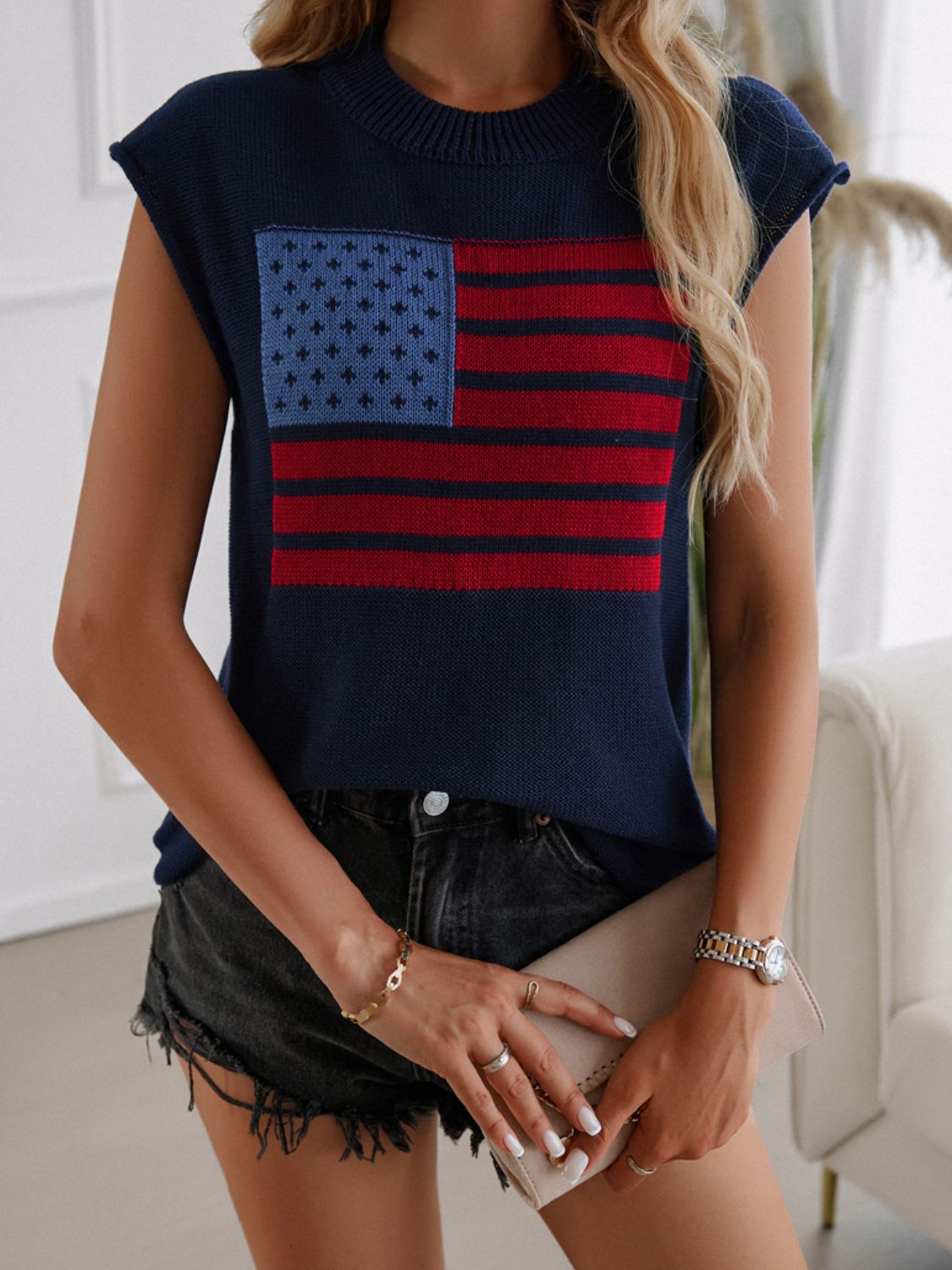 US Flag Round Neck Sweater Vest