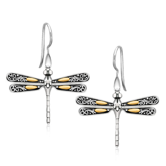 18k Yellow Gold & Sterling Silver Dragonfly Motif Drop Earrings